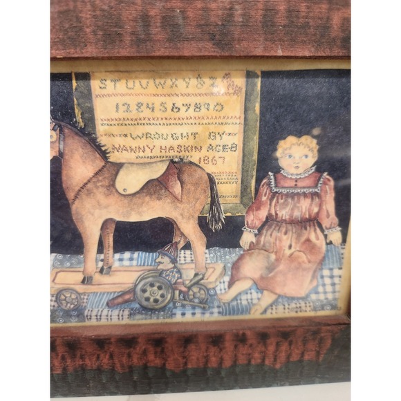 Lot Of 2 Vintage Primitive Country Farmhouse Wood Framed Prints Sheep Horse Doll - Picture 5 of 11